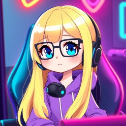 A chibi character of a gamer girl with long blonde hair and bright blue eyes, wearing a cozy purple hoodie