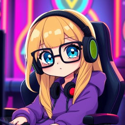 A chibi character of a gamer girl with long blonde hair and bright blue eyes, wearing a cozy purple hoodie