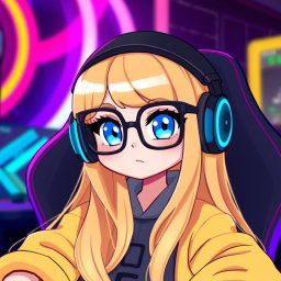 A chibi character of a gamer girl with long blonde hair and sparkling blue eyes