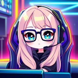 A chibi character of a gamer girl with long blonde hair and sparkling blue eyes