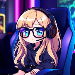 A chibi character of a gamer girl with long blonde hair and sparkling blue eyes