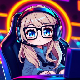 A chibi character of a gamer girl with long blonde hair and sparkling blue eyes