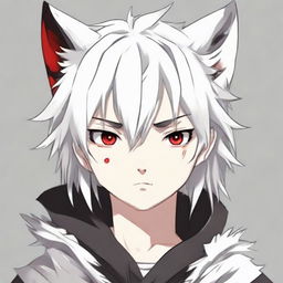 Anime-style 16/17 year old boy with half black, half white hair, one red eye and one white eye, and wolf ears