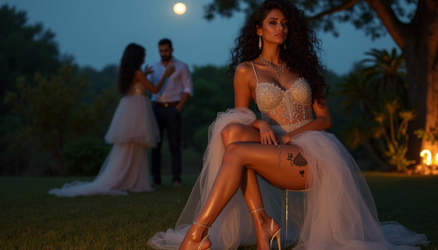 A young mature Latina woman with fair skin, wide hips, prominent buttocks, thick legs, and well-defined calves, featuring a tattoo of the ace of spades on her lower thigh