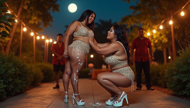 A young mature Latina woman with fair skin, wide hips, prominent buttocks, thick legs, and well-defined calves, displaying a tattoo of the ace of spades on her lower thigh
