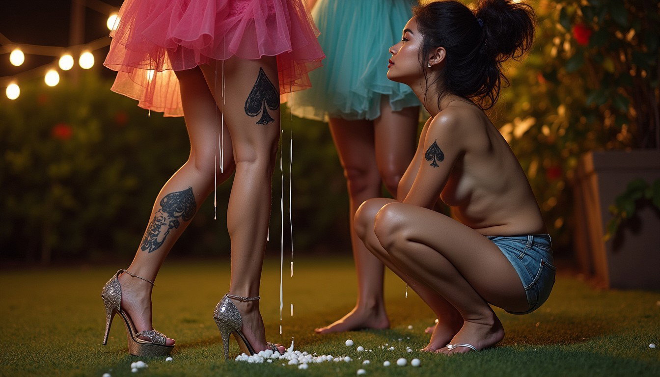 A young mature Latina woman with fair skin, wide hips, prominent buttocks, thick legs, and well-defined calves, featuring a tattoo of the ace of spades on her lower thigh