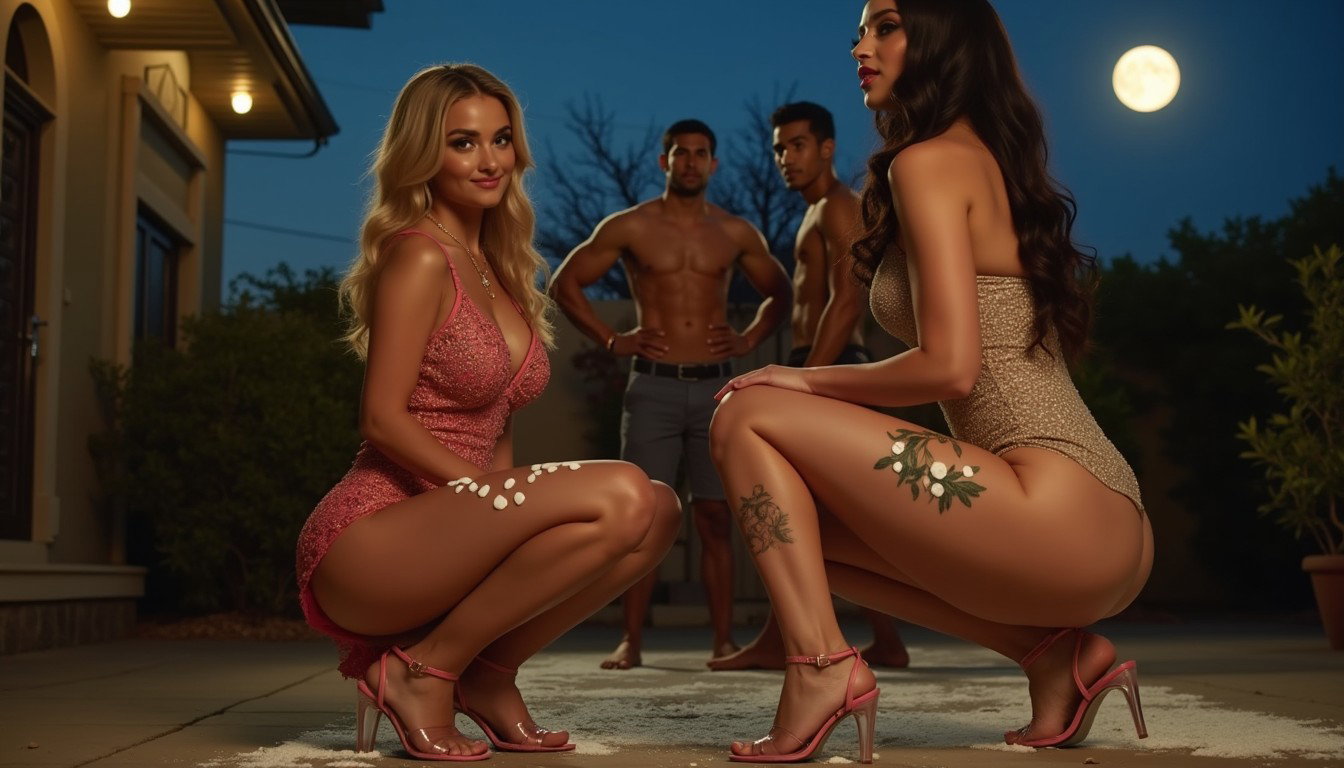 A young mature Latina woman with fair skin, wide hips, prominent buttocks, thick legs, and well-defined calves, featuring a tattoo of the ace of spades on her lower thigh
