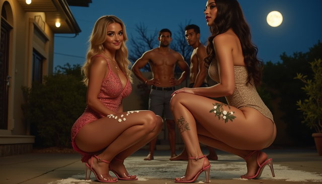 A young mature Latina woman with fair skin, wide hips, prominent buttocks, thick legs, and well-defined calves, featuring a tattoo of the ace of spades on her lower thigh