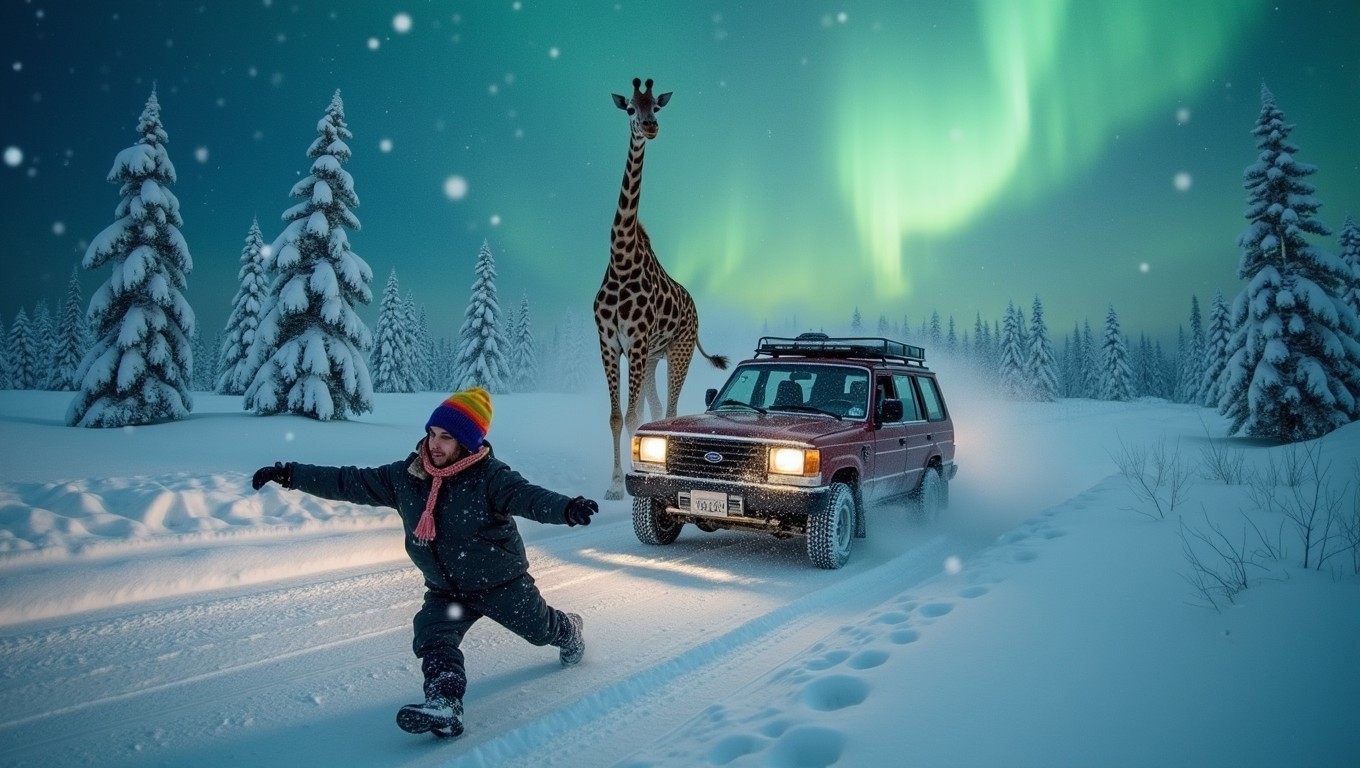 A dramatic scene depicting a car dragging a giraffe through a fierce snowstorm in Lapland