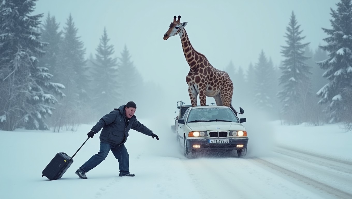 A surreal scene of a car dragging a giraffe through a terrible snowstorm in Lapland
