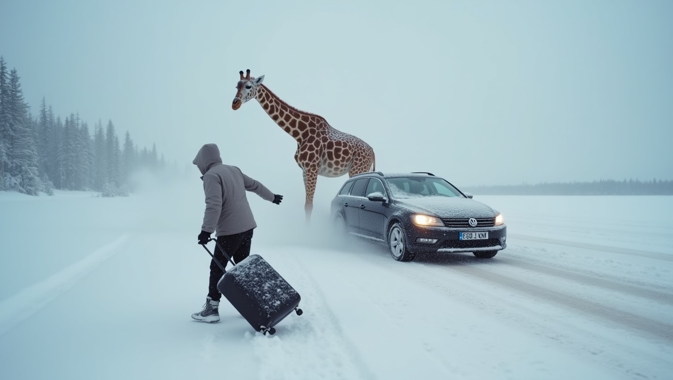 A chaotic and surreal scene of a car dragging a giraffe through a terrible snowstorm in Lapland