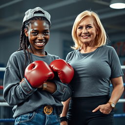 In a boxing gym ring, a 19-year-old African woman embodies a wicked demeanor while wearing boxing gloves