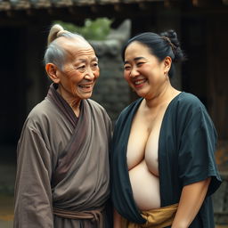 In a medieval Chinese village, an elderly Chinese woman, short and emaciated with decayed teeth, is dressed in a long, fully closed Buddhist robe