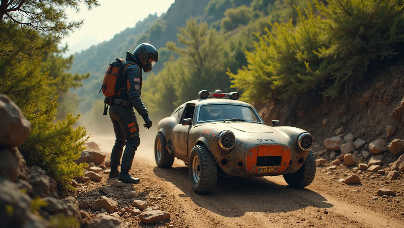 An adventurous scene featuring a stuntman preparing to drive a self-made car down a steep, bumpy hill