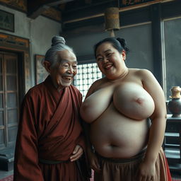 Inside a medieval Chinese house, an elderly Chinese woman, short and emaciated with decayed teeth, is dressed in a long, fully closed Buddhist robe