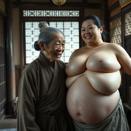 Inside a medieval Chinese house, an elderly Chinese woman, short and emaciated with decayed teeth, is dressed in a long, fully closed Buddhist robe
