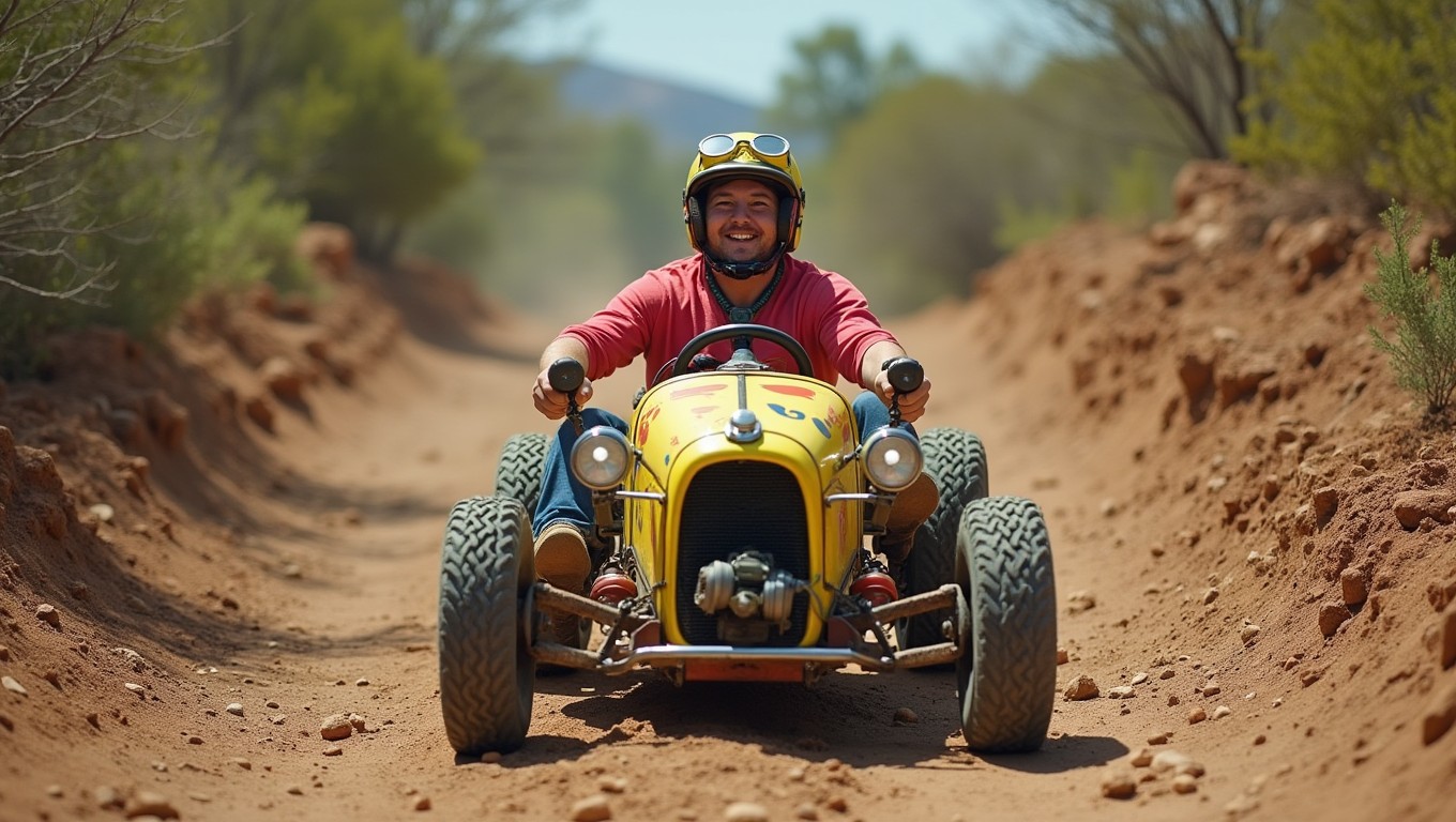 A whimsical scene featuring a goofy stuntman in vibrant attire, preparing to drive down a rugged, bumpy hill in a self-made car