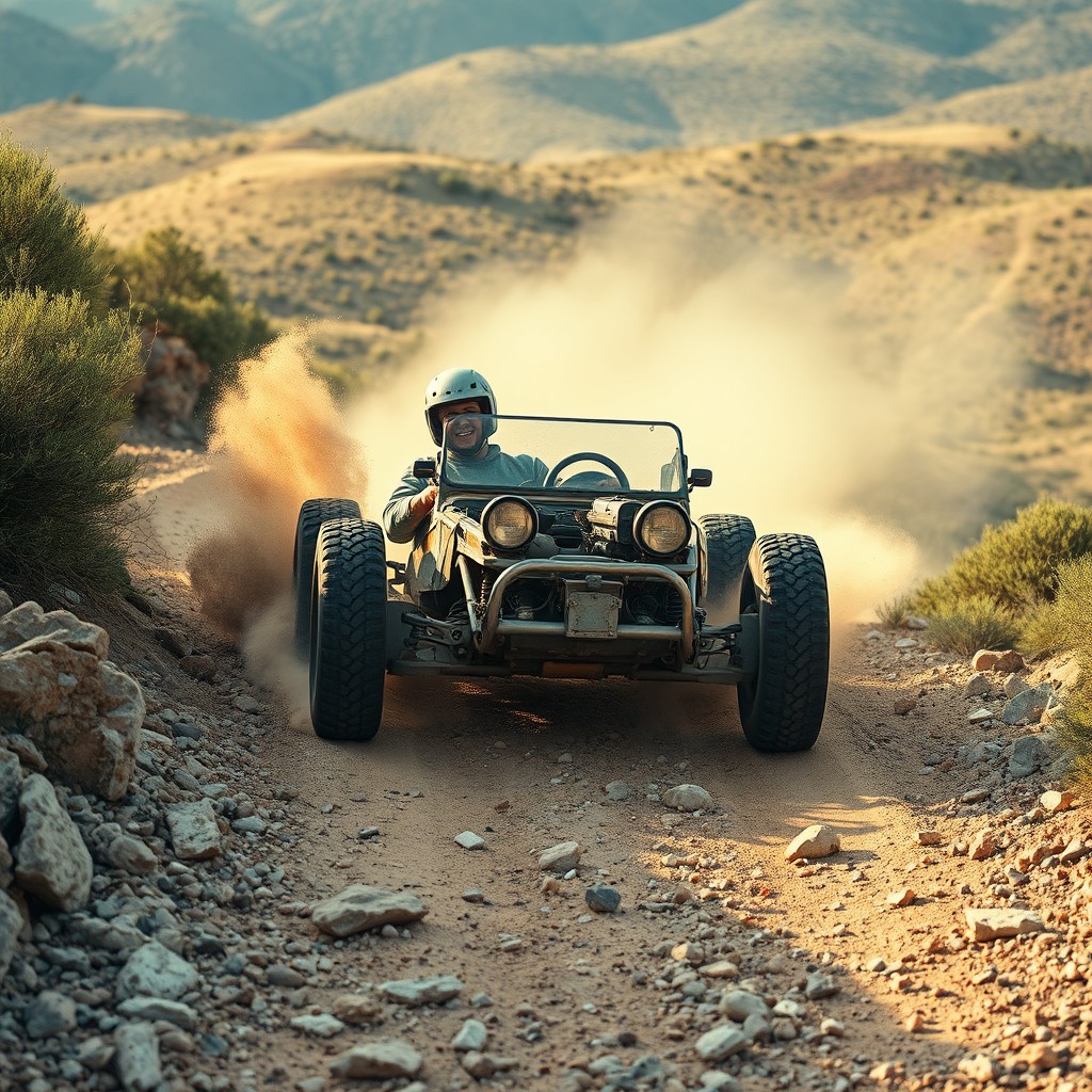A cinematic shot capturing a goofy stuntman in a makeshift, clunky self-made car, racing down a steep and bumpy hill filled with rocks and bushes