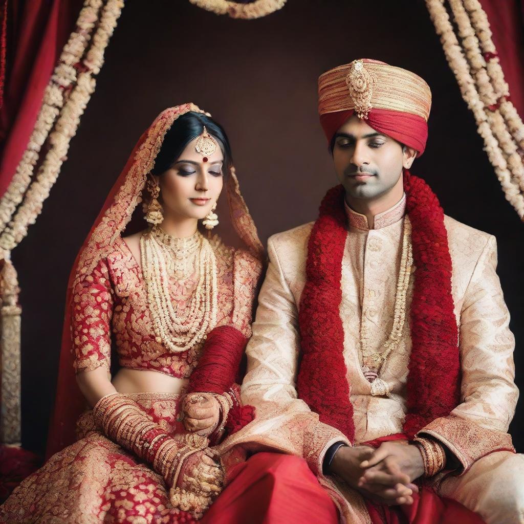 A traditional Hindu couple in resplendent wedding attire ready for marriage, the bride in a red lehenga, adorned with gold jewellery, and the groom in a Sherwani holding garlands.