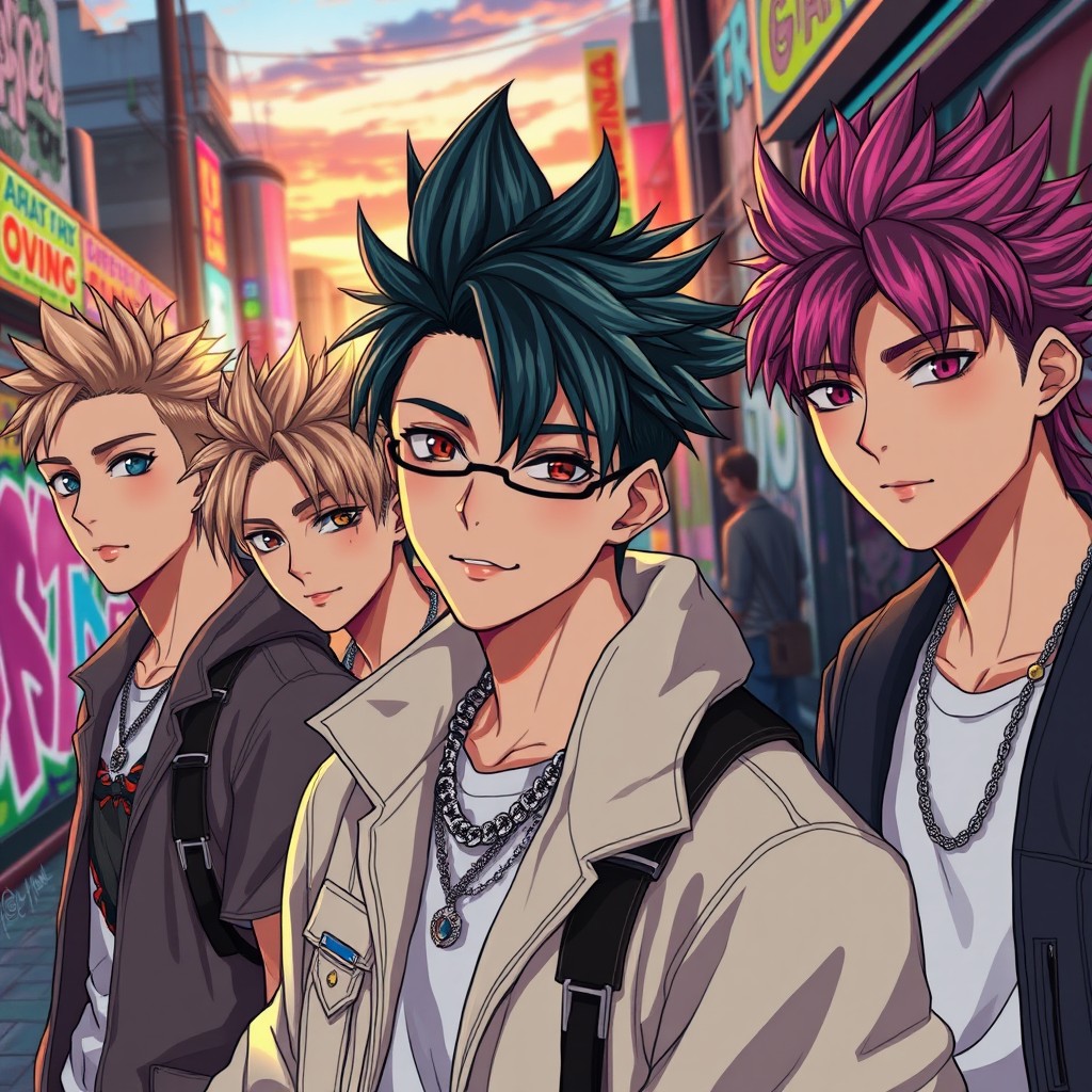 A group of stylish Asian anime men showcasing unique and vibrant hairstyles, dressed in fashionable streetwear, set against a colorful urban backdrop filled with graffiti art