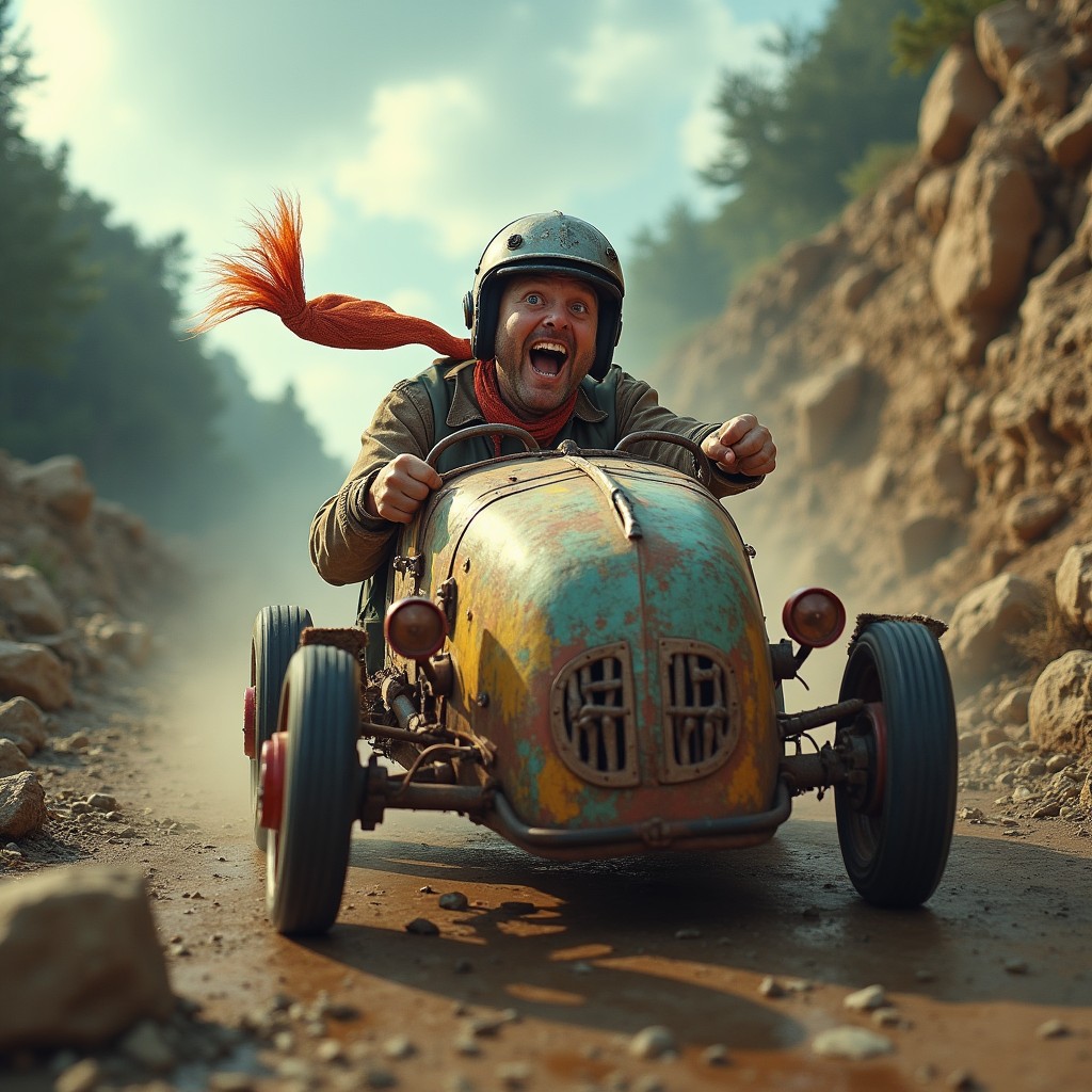 A thrilling cinematic shot of a goofy stuntman driving a rusty, self-made car down an extremely steep and treacherous hill