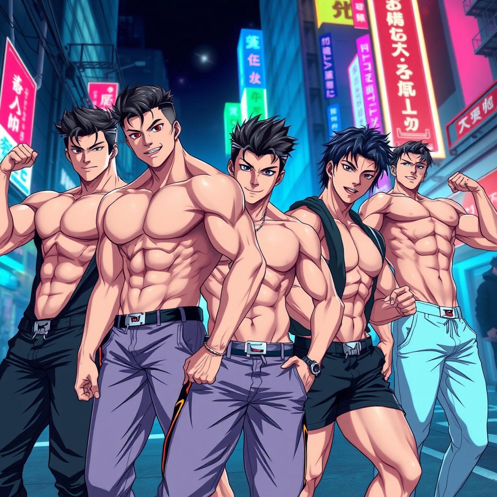 A group of hot, muscular Asian men in an anime style, showcasing their impressive physiques with detailed muscle definition