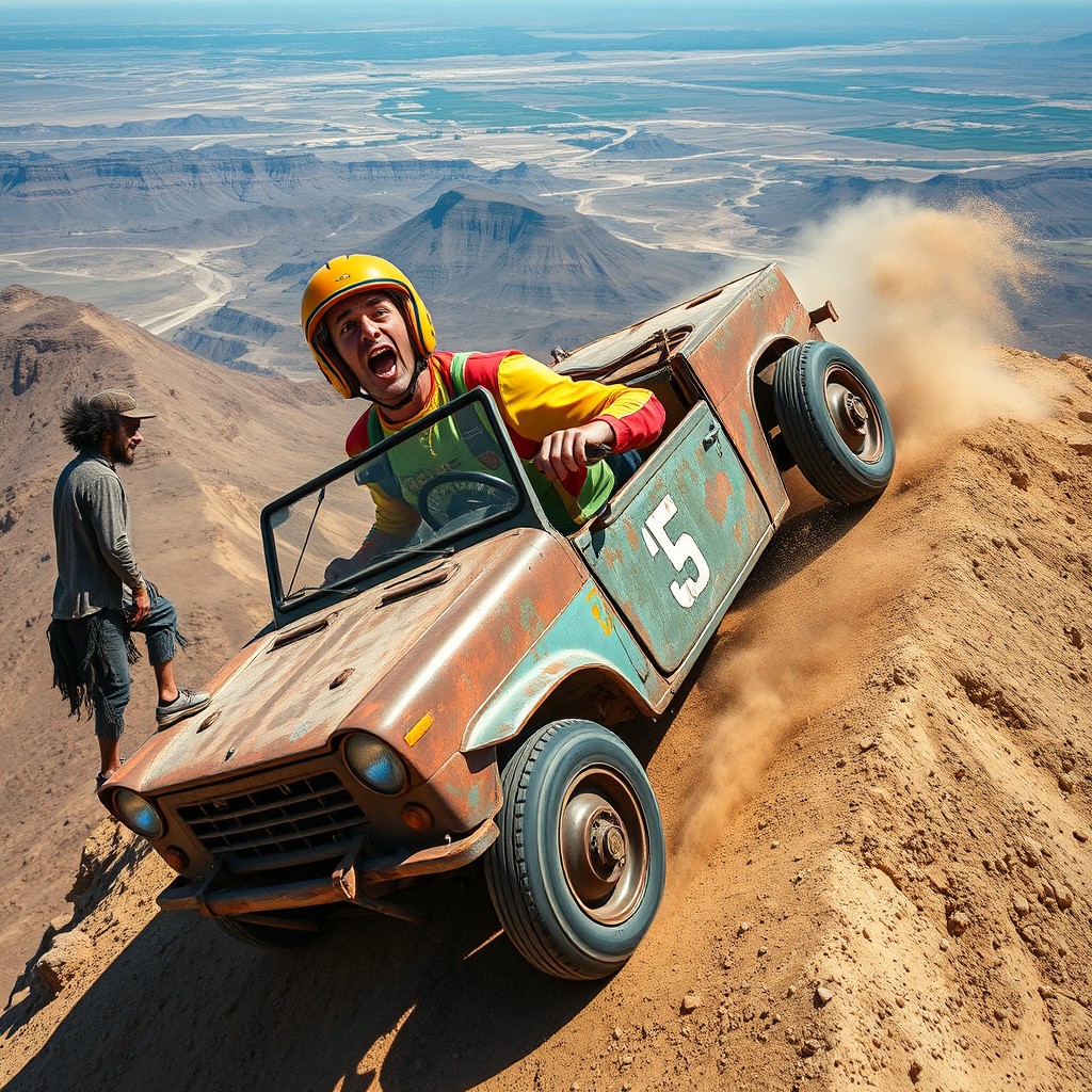 A wide cinematic profile shot of a goofy stuntman, wearing a vibrant jumpsuit and a bright helmet, driving a rusty, self-made car down an extremely dangerously steep hill