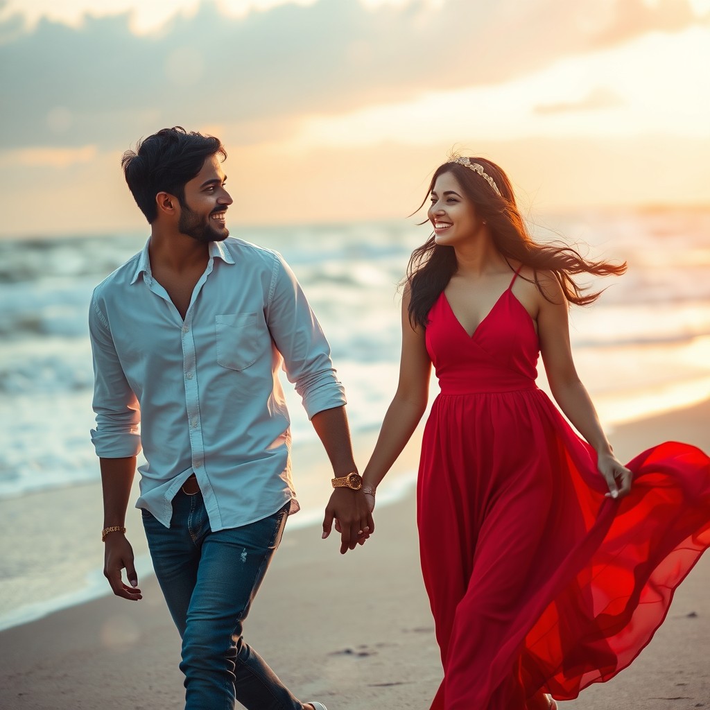 A cinematic romantic scene featuring a young Indian couple walking hand in hand on a beautiful beach during sunset