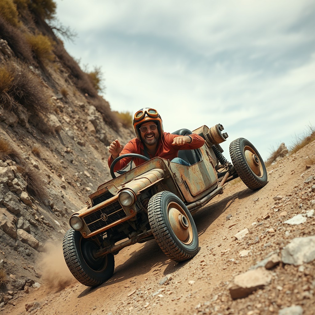 A wide cinematic profile shot of a goofy stuntman joyfully driving a rusty, self-made car down an extremely dangerously steep hill