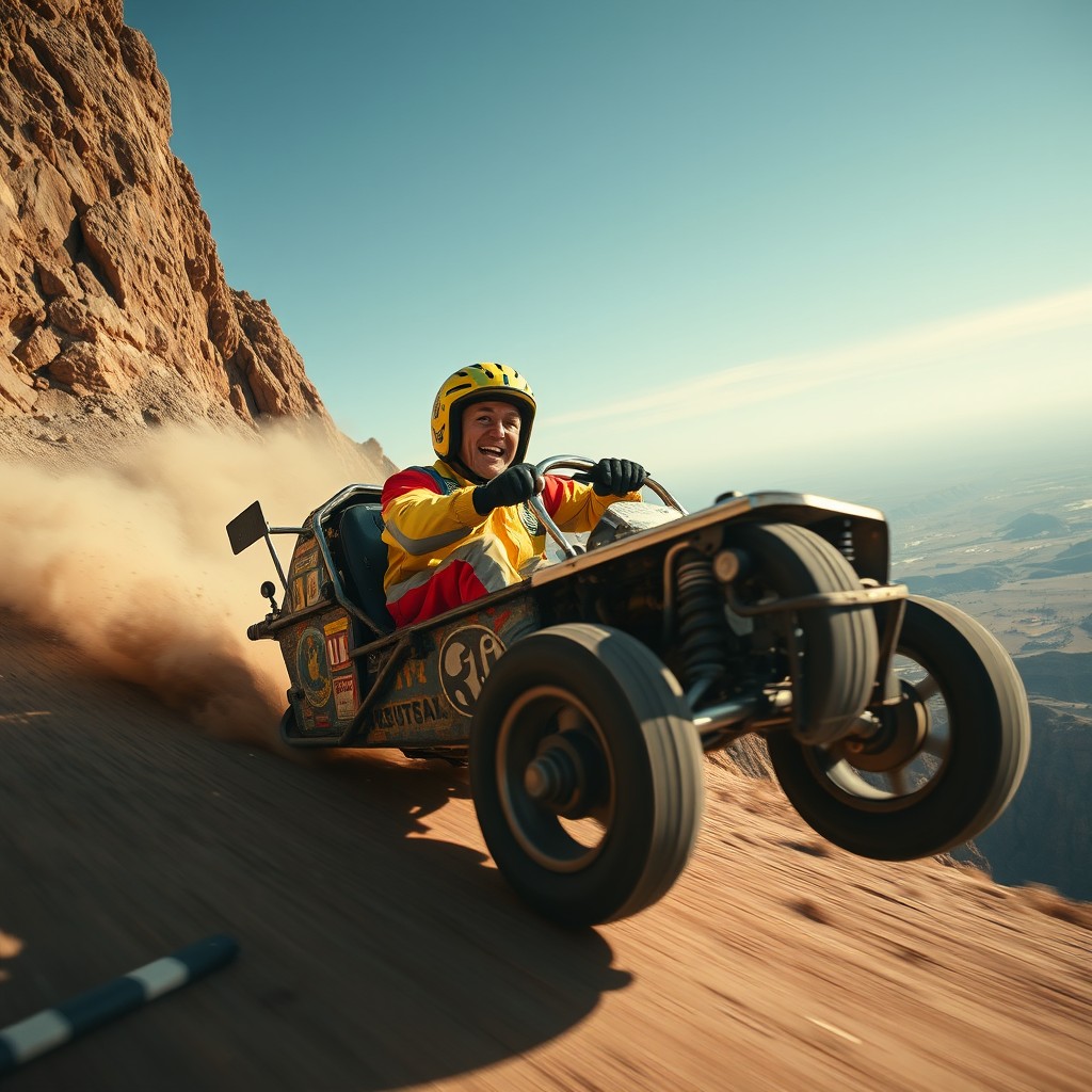 A wide cinematic profile shot of a goofy stuntman in a hazardously designed self-made car, driving down an extremely dangerously steep hill