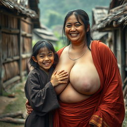 In a medieval Indonesian village, a young, very petite and malnourished Indonesian woman with decayed teeth is dressed in a long, fully-closed Buddhist robe