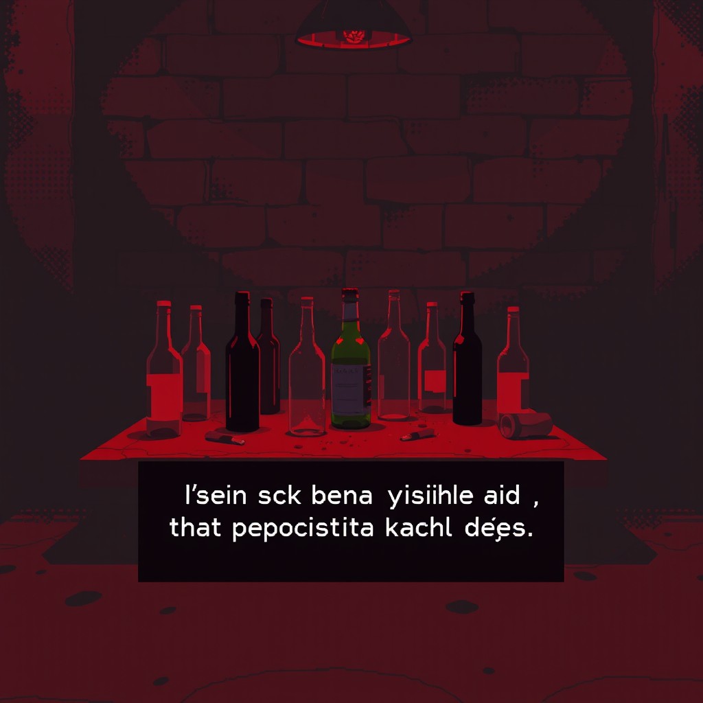 A 2D pixel art concept scene depicting a dimly lit table surrounded by empty alcohol bottles, representing a tense atmosphere