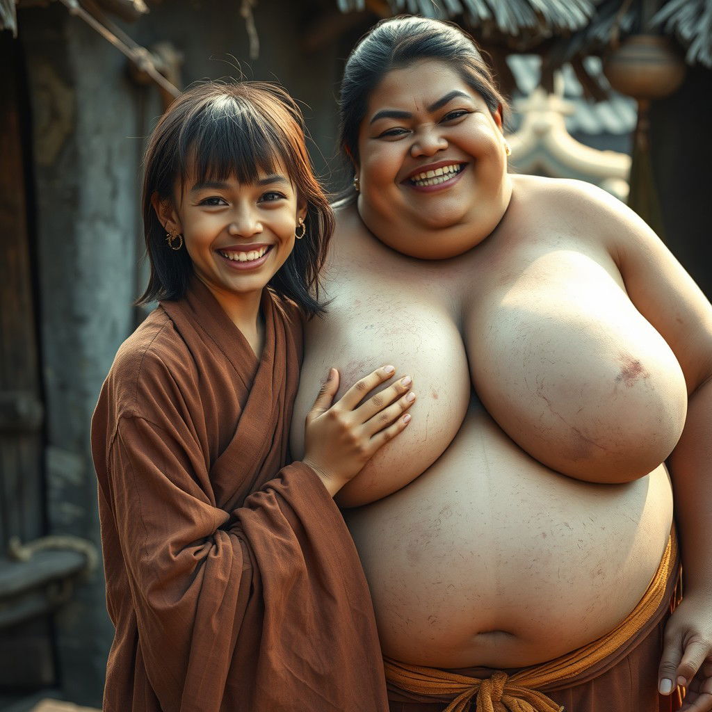 In a medieval Indonesian village, a young, very petite and malnourished Indonesian woman with decayed teeth is dressed in a long, fully-closed Buddhist robe