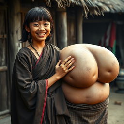 In a medieval Indonesian village, a young, very petite and malnourished Indonesian woman with decayed teeth is dressed in a long, fully-closed Buddhist robe