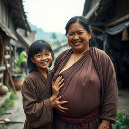 In a medieval Indonesian village, a young, very petite and malnourished Indonesian woman with decayed teeth is dressed in a long, fully-closed Buddhist robe