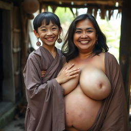 In a medieval Indonesian village, a young, very petite and malnourished Indonesian woman with decayed teeth is dressed in a long, fully-closed Buddhist robe