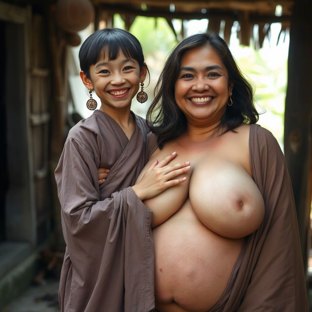 In a medieval Indonesian village, a young, very petite and malnourished Indonesian woman with decayed teeth is dressed in a long, fully-closed Buddhist robe
