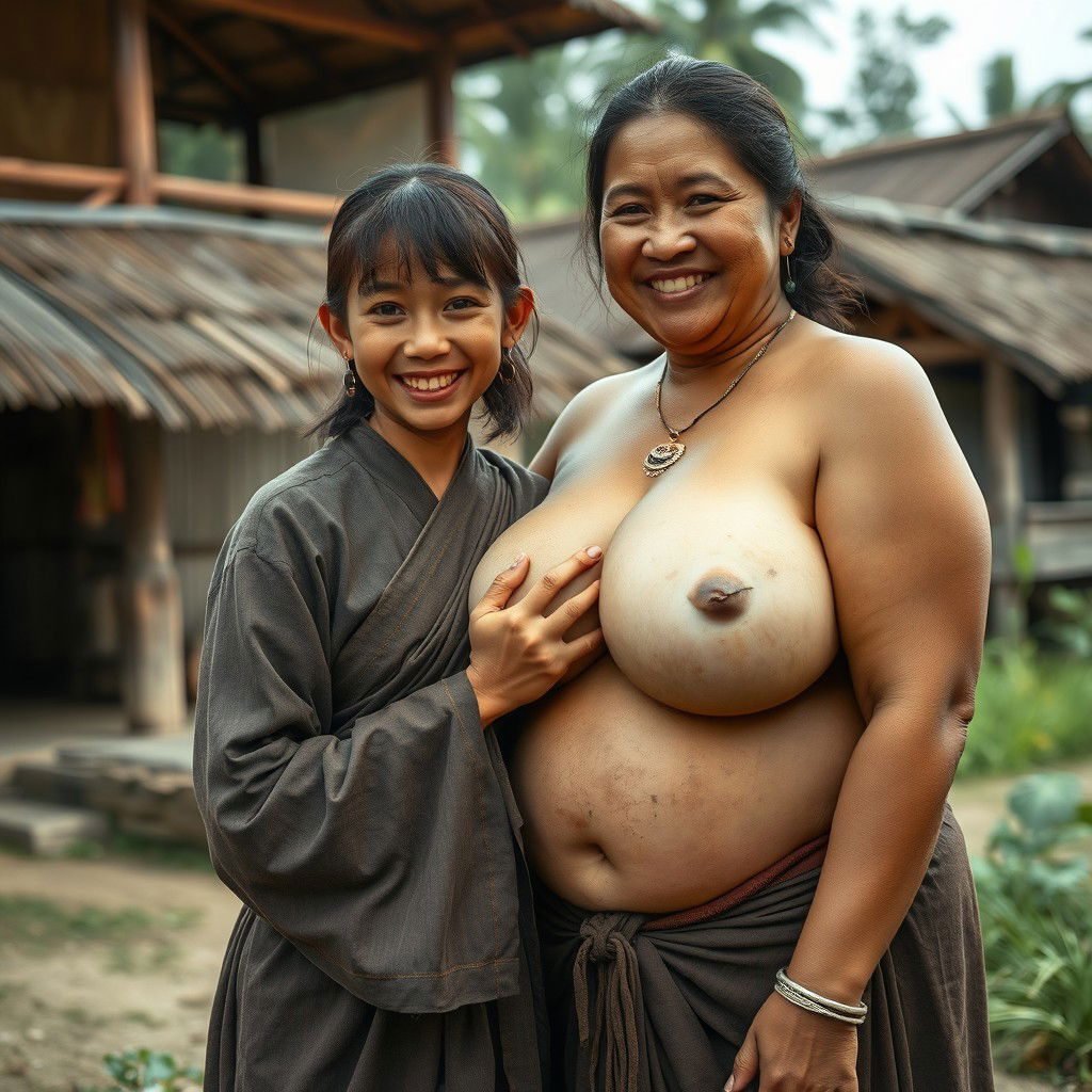 In a medieval Indonesian village, a young, very petite and malnourished Indonesian woman with decayed teeth is dressed in a long, fully-closed Buddhist robe