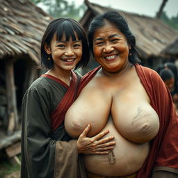 In a medieval Indonesian village, a young, very petite and malnourished Indonesian woman with decayed teeth is dressed in a long, fully-closed Buddhist robe