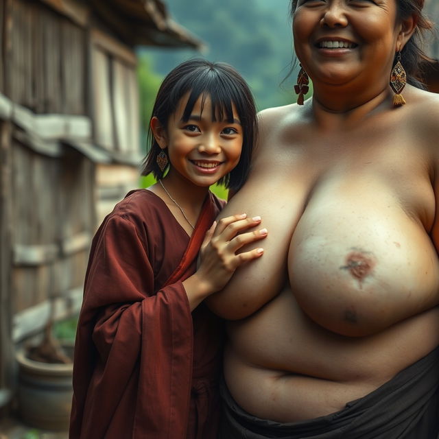 In a medieval Indonesian village, a young, very petite and malnourished Indonesian woman with decayed teeth is dressed in a long, fully-closed Buddhist robe