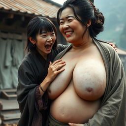 In a medieval Chinese village, a young Chinese woman, very short and emaciated, is depicted loudly shouting while wearing a long, fully closed Buddhist cloak