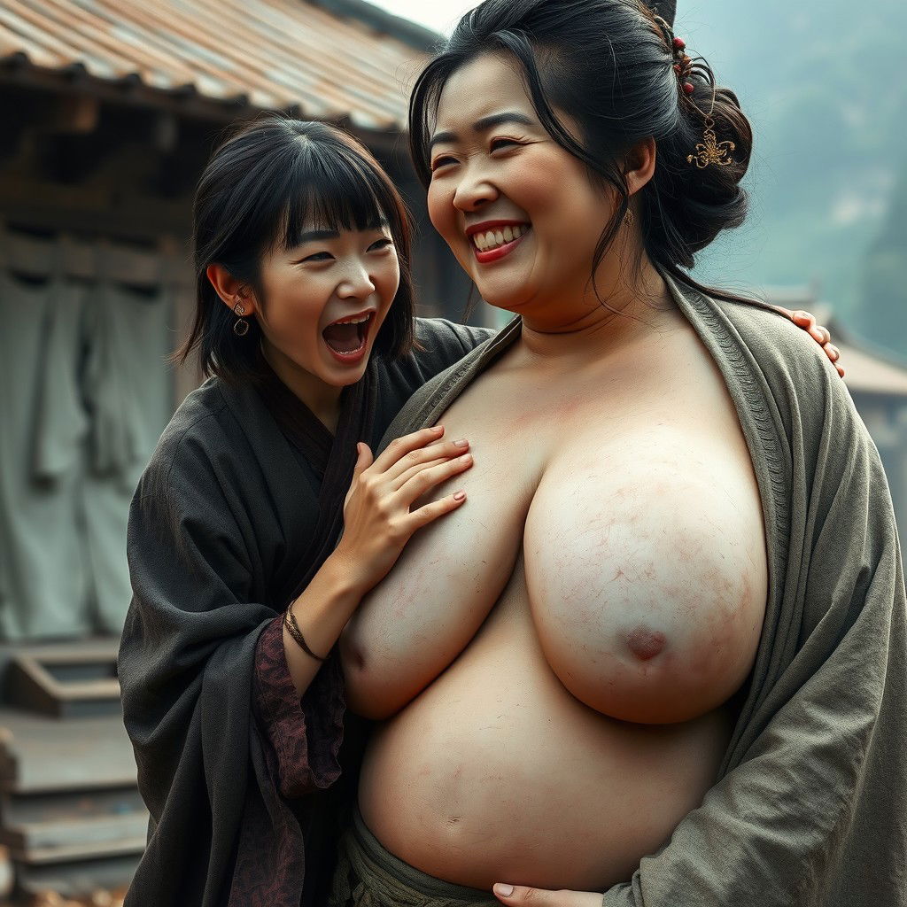In a medieval Chinese village, a young Chinese woman, very short and emaciated, is depicted loudly shouting while wearing a long, fully closed Buddhist cloak