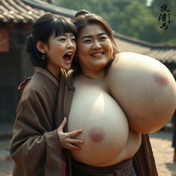 In a medieval Chinese village, a young Chinese woman, very short and emaciated, is depicted loudly shouting while wearing a long, fully closed Buddhist cloak