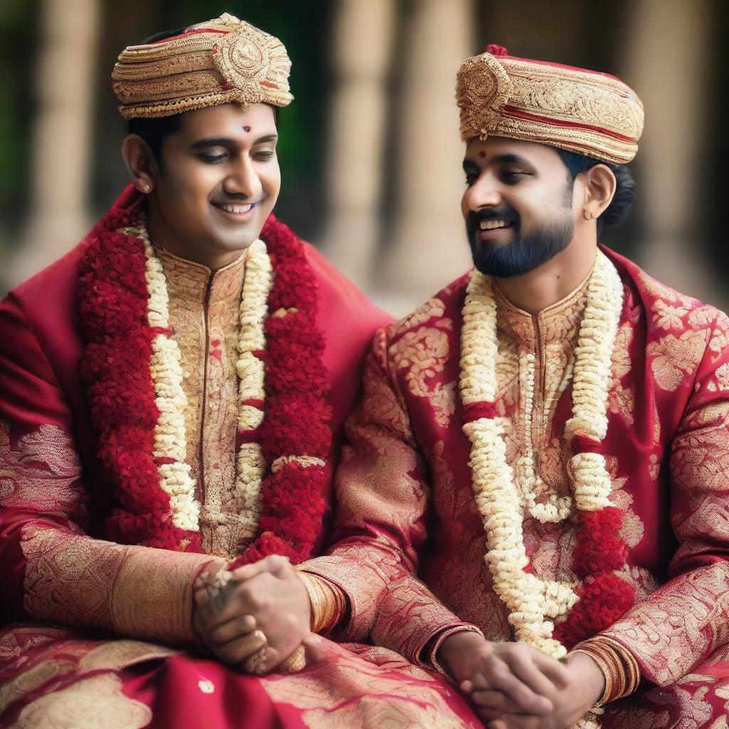 A traditional Hindu couple in resplendent wedding attire ready for marriage, the bride in a red lehenga, adorned with gold jewellery, and the groom in a Sherwani holding garlands.