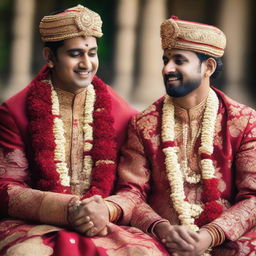 A traditional Hindu couple in resplendent wedding attire ready for marriage, the bride in a red lehenga, adorned with gold jewellery, and the groom in a Sherwani holding garlands.