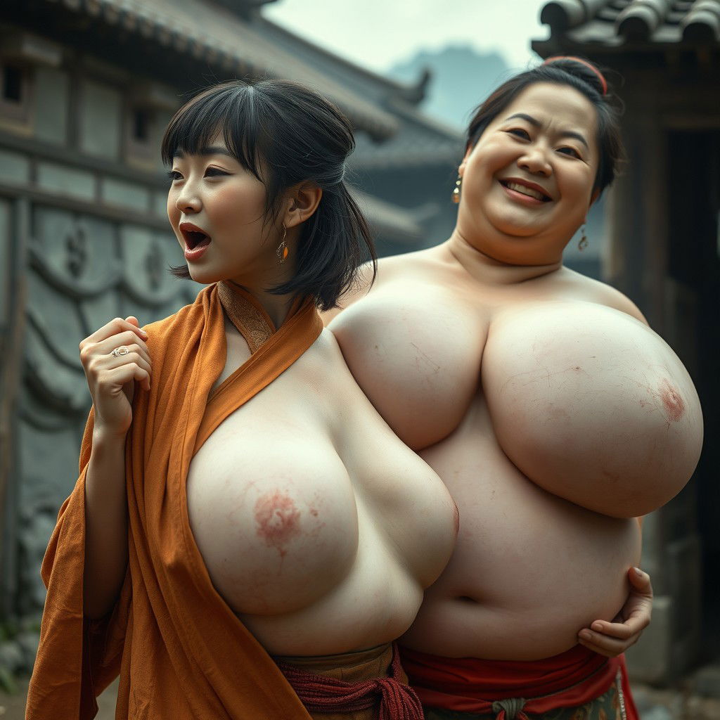 In a medieval Chinese village, a young Chinese woman, very short and emaciated, is depicted shouting loudly while wearing a long, fully closed Buddhist cloak