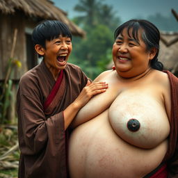 In a medieval Indonesian village, a short and emaciated young Indonesian woman is loudly shouting while wearing a long, fully closed Buddhist robe, with medium-length hair and bangs