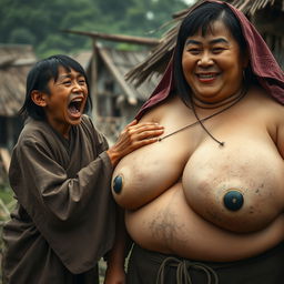 In a medieval Indonesian village, a short and emaciated young Indonesian woman is loudly shouting while wearing a long, fully closed Buddhist robe, with medium-length hair and bangs