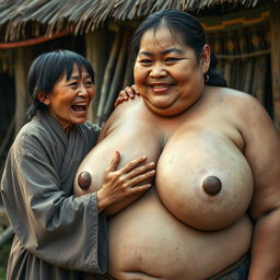 In a medieval Indonesian village, a short and emaciated young Indonesian woman is loudly shouting while wearing a long, fully closed Buddhist robe, with medium-length hair and bangs