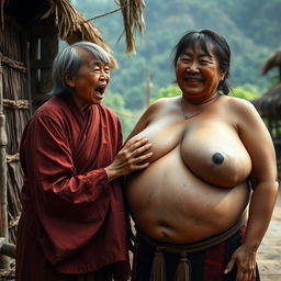 In a medieval Indonesian village, a short and emaciated young Indonesian woman is loudly shouting while wearing a long, fully closed Buddhist robe, with medium-length hair and bangs